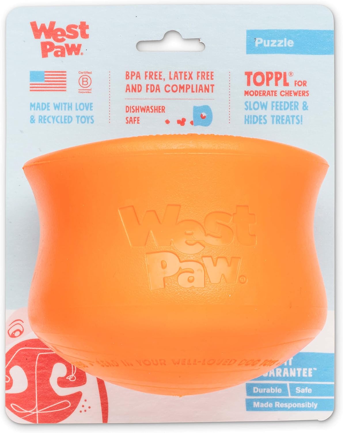 WEST PAW Zogoflex Toppl Treat Dispensing Dog Toy Puzzle – Interactive Chew Toys for Dogs – Dog Toy for Moderate Chewers, Fetch, Catch – Holds Kibble, Treats, X-Large, Tangerine