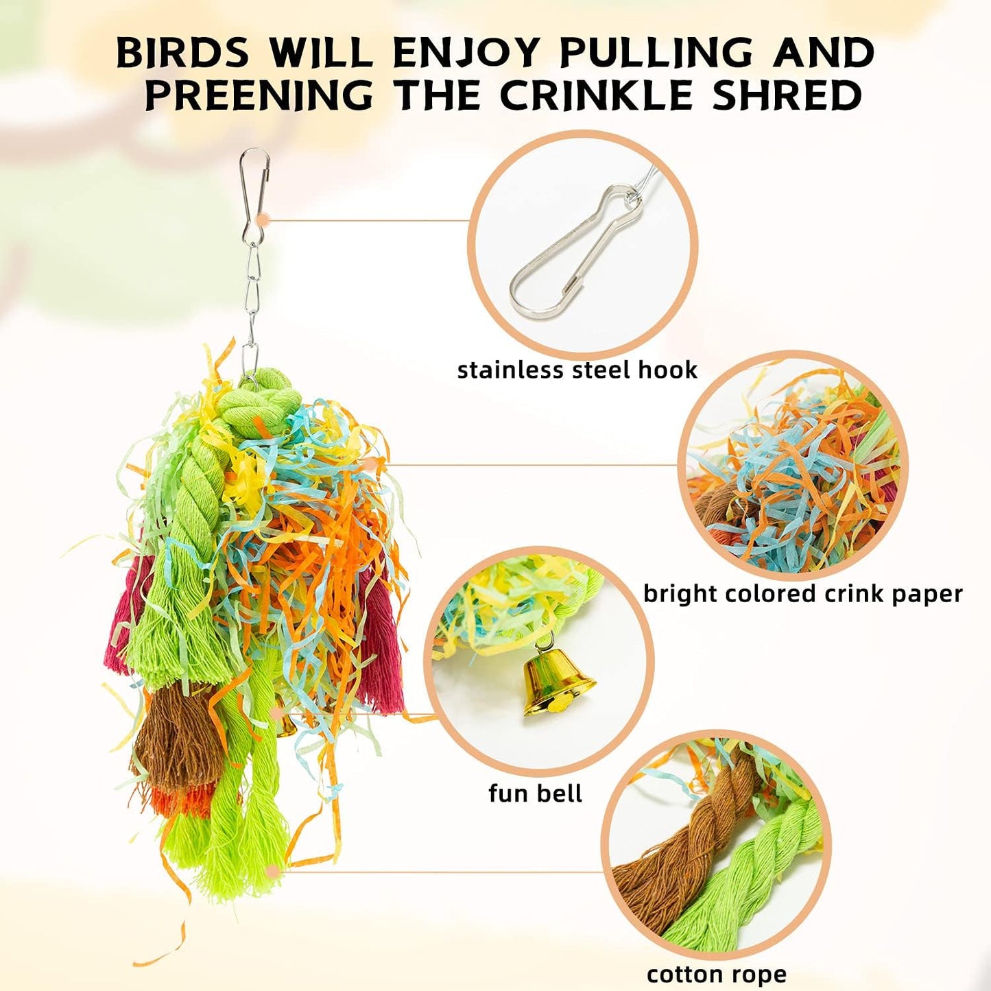 RLRICH 5PACK Colorful Shredder Bird Foraging & Hanging Toys, Comfy Perch Parrot Toy for Rope Bungee