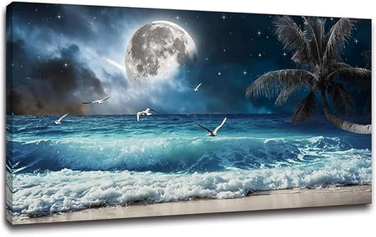 Yxbhhym large Moon Ocean Wall Art Seascape Painting Sea Pictures Canvas Wave Blue Beach Artwork for Wall Landscape Poster Prints Palm Wall Decor Bedroom Living Room Decor Framed-24x48inches