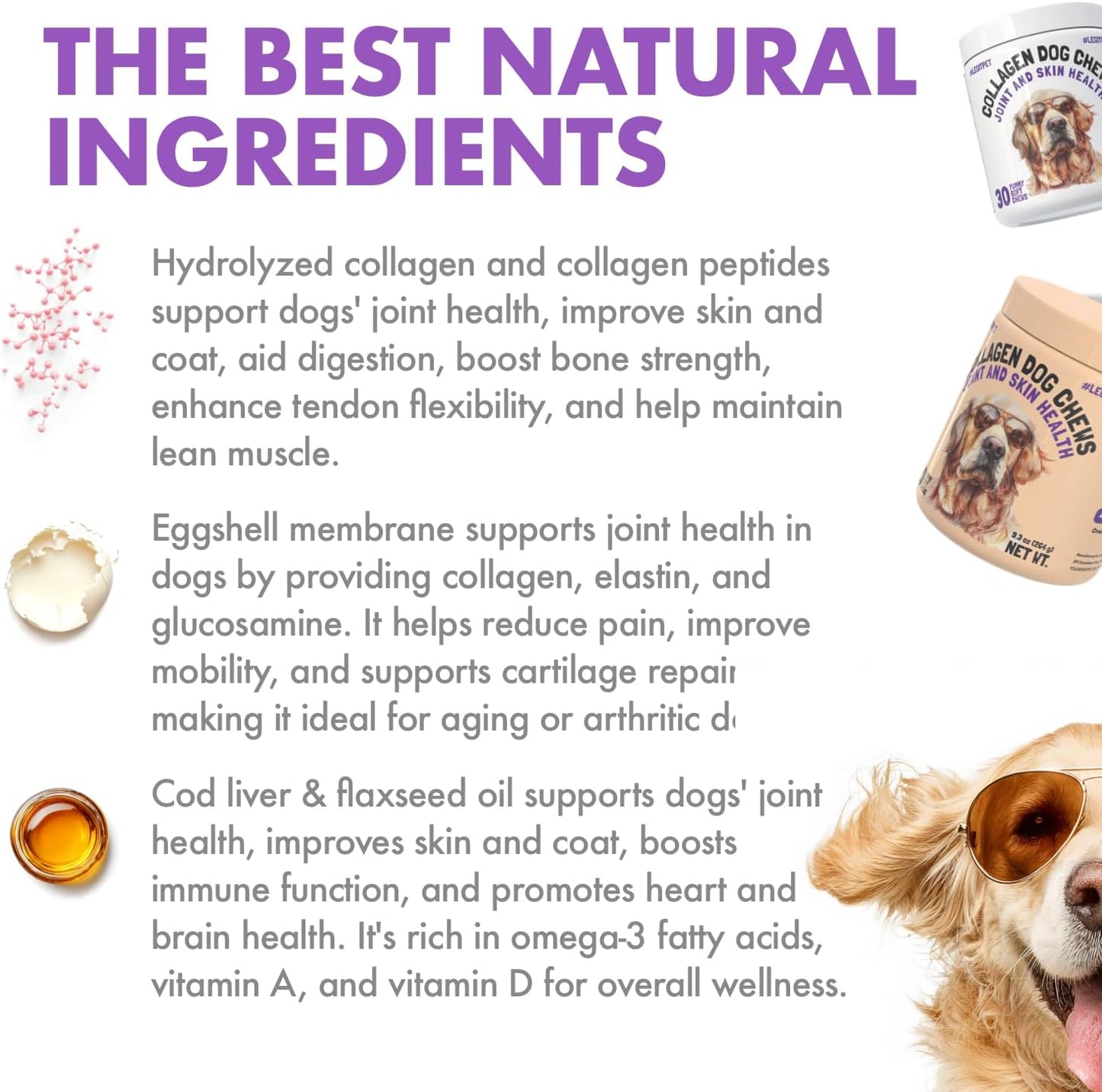 Collagen Dog Chews for Joint & Skin Health 30 Soft Chews All Breeds Mobility, Cartilage Repair & Pain Relief Hip & Joint Skin Coat Anti-inflammatory Support Eggshell Membrane Senior & Adult Dogs