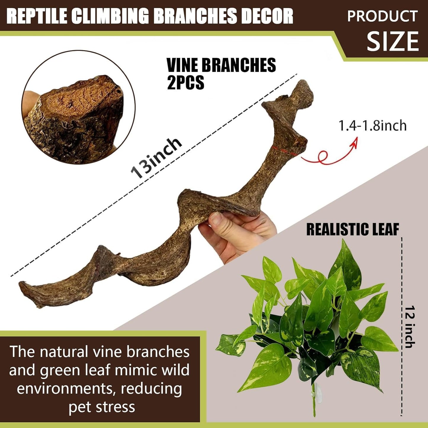 BNOSDM 2Pcs Reptile Climbing Branches Decor,Snake Climbing Branch,Gecko Climb Wood,Lizard Forest Branch,Tank Habitat Tree Trunk Decorations for Bearded Dragons,Chameleons,Spider,Frogs (M)