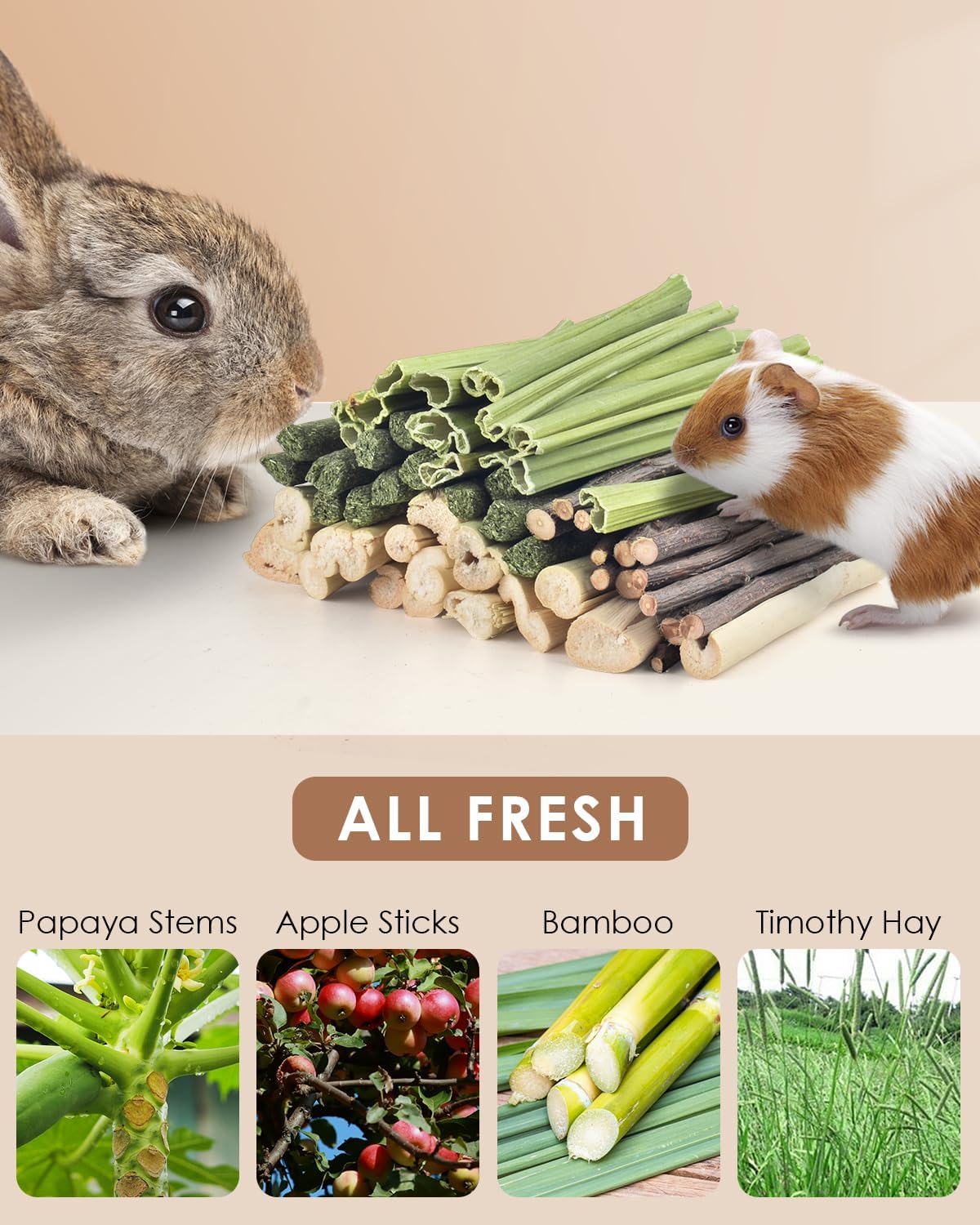 Bissap 60 PCS Rabbit Chew Sticks, Sweet Bamboo Timothy Hay Chew Stick Papaya Stems Apple Branch Bunny Chews for Rabbit Hamster Chinchilla Guinea Pig Small Pet Natural Molar Treats
