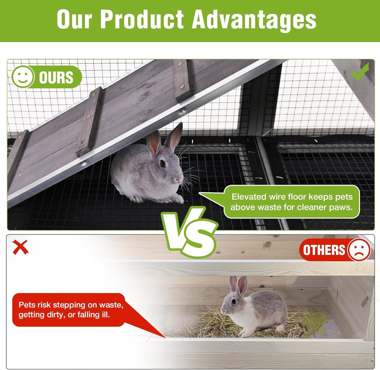 GUTINNEEN 2-Story Rabbit Hutch Indoor with Chew-Proof Ramp & Slide-Out Plastic Trays - Wooden Small Animal Cage Guinea Pig Cages with Wheels for 2-4 Rabbits, Bunnies, and Guinea Pigs (Grey)