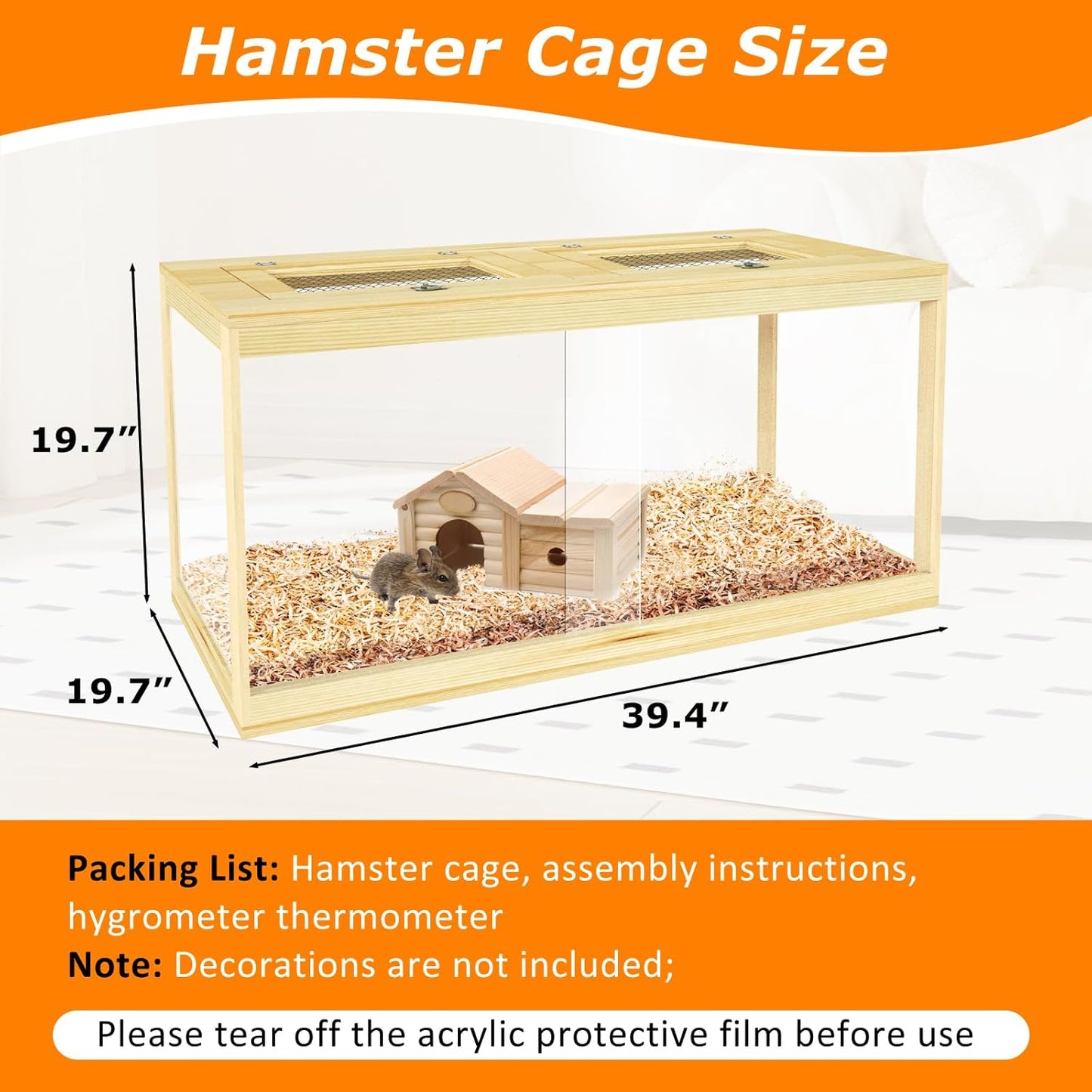 Large Hamster Cage 40", Lockable Sliding Door Gerbil Cage, Dwarf Hamster Cage with Metal Mesh Roof, Mice and Rat Habitat, Chewproof Syrian Hamster Enclosure, (Wooden, 40" L x 20" W x 20" H)