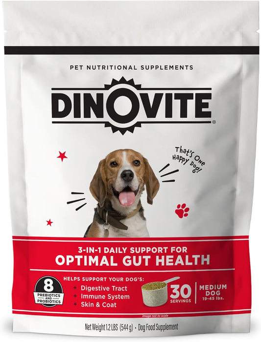 Dinovite 3 in 1 Probiotic for Medium Dogs, Skin & Coat, Digestive Health & Joint Relief, Dog Food Toppers, Immune Support, Allergy Relief & Itch Relief Skin Care, 30 Servings (18-45lb)