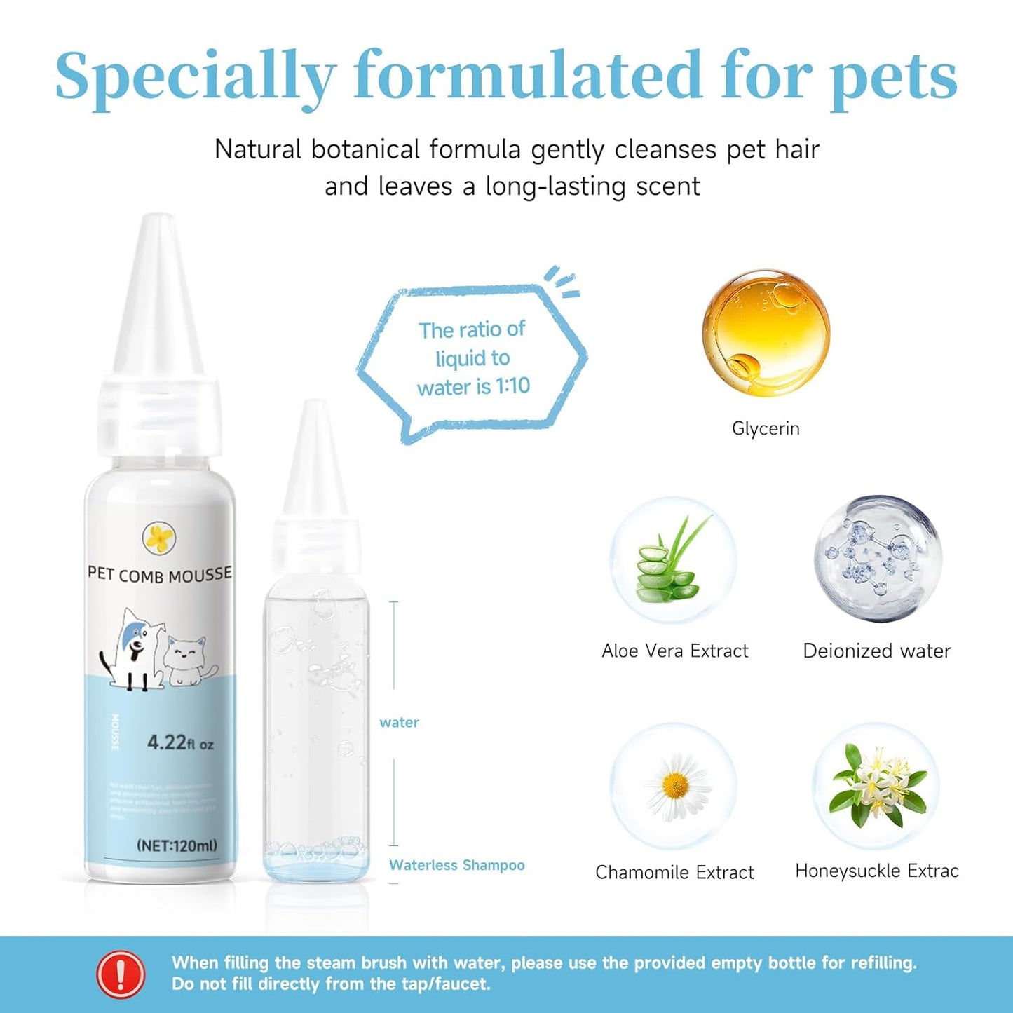 Pet Steam Brush for Dogs and Cats – 3-in-1 Pet Grooming Tool, Spray Portable Design, Suitable for Home and Travel, Ideal for Medium & Long-Haired Pets, Includes 1*Waterless Shampoo, Yellow