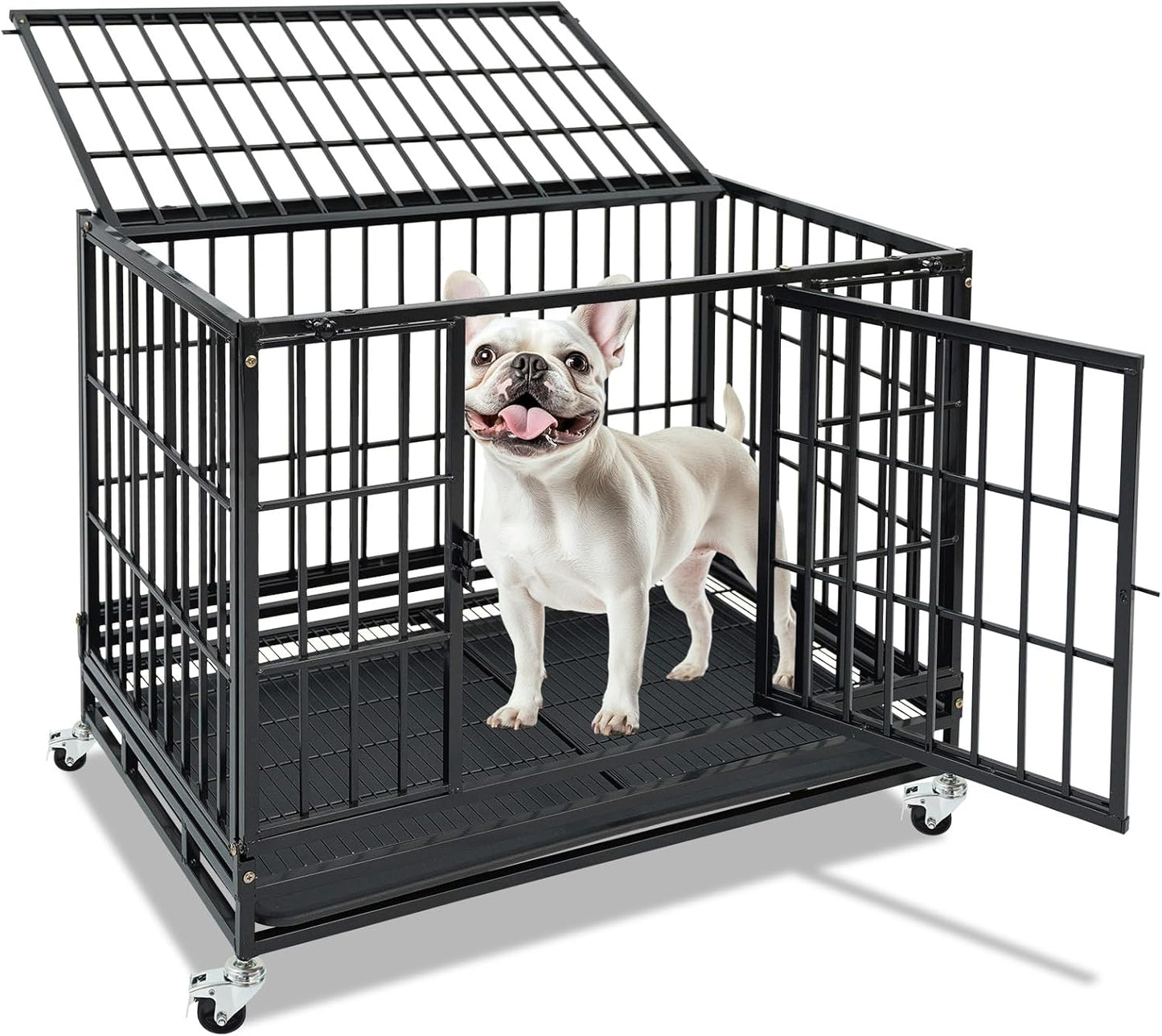 Stackable 36 Inch Dog Crate, Heavy Duty Indestructible Cage Escape Proof Collapsible Kennel with Open Top, Lockable Wheels, Removable Tray & Metal Grid for High Anxiety Medium/Small Dogs