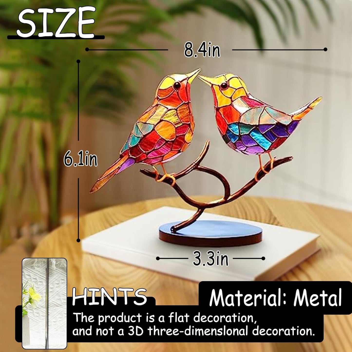 2Birds on a Branch, Metal Desktop Plane Shape Decorations, Home Bird Decorations for Office, Window, Aviary, Garden, Gifts for Bird Lovers, Boxed Set.