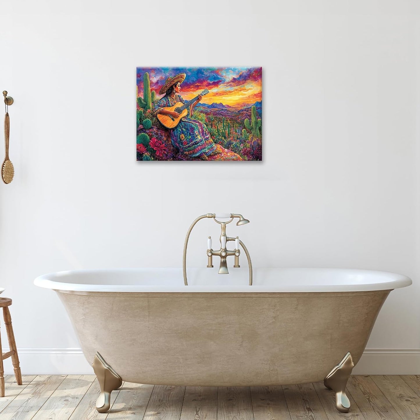 Mexican Women Pictures Wall Art, Cactus Landscape Bathroom Wall Decor, Nature Scenery Aesthetics Framed Painting Desert Modern Canvas Artwork for Bathroom Bedroom Living Room Decorations 20"L x 16"W