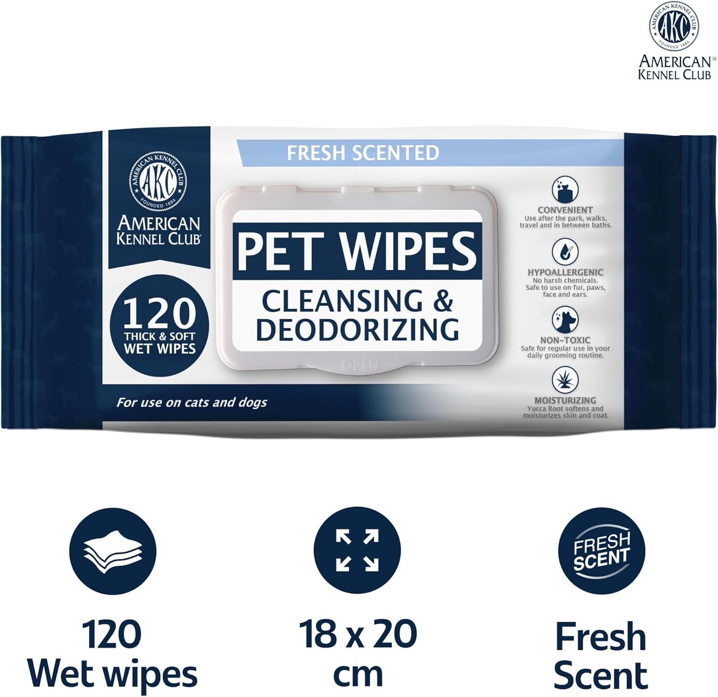 AKC Pet Wipes for Dogs & Cats – Hypoallergenic, Alcohol-Free Wipes for Paws, Face, Ears & Coat – Thick, Gentle Cleaning with Natural Aloe – Available in Lavender, Fresh & Oatmeal Scents
