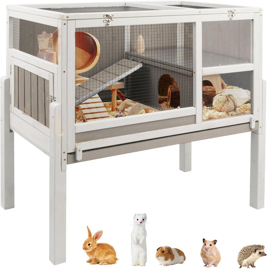 Guinea Pig Cages Indoor, Wooden Guinea Pig Cages with Stand, Rabbit Cage Hutch with Ramp and Hideout, Small Animals Cage Habitat with Not Leakage Pull Out Tray
