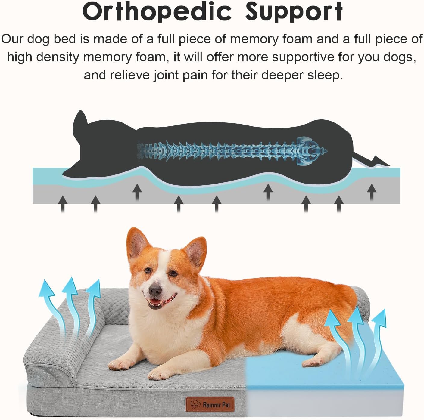 Orthopedic Dog Bed, 3 Inch Memory Foam Dog Beds for Large Dogs, Washable Removable Cover, Nonskid Bottom, Waterproof Pet Couch for Indoor, Outdoor or Car Use, 36x27 Inches L Light Grey