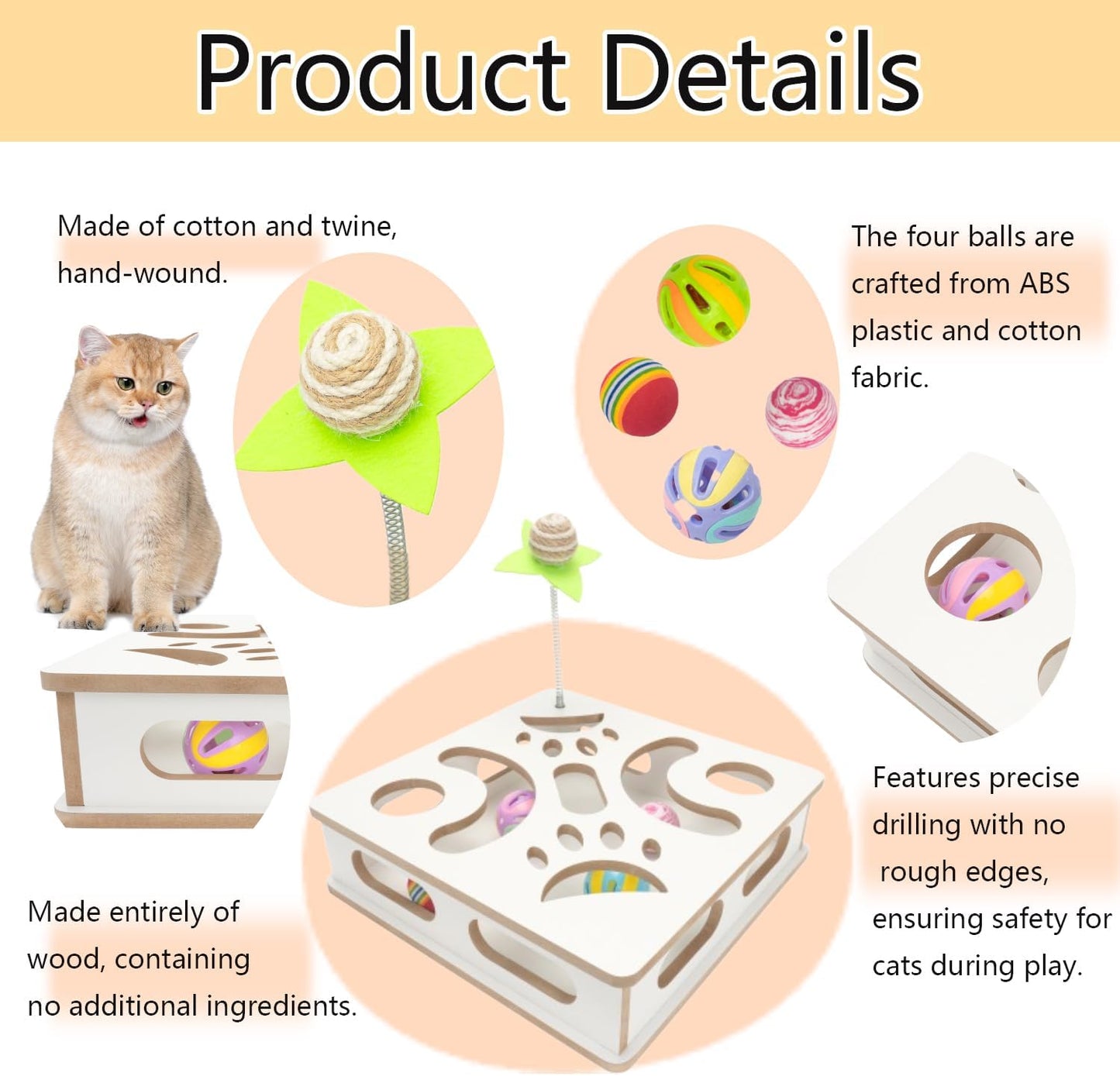 Interactive Wooden Cat Puzzle Toy Box Indoor Hunting Play Toy to Stimulate Your Cat’s Energy and Instincts (White)