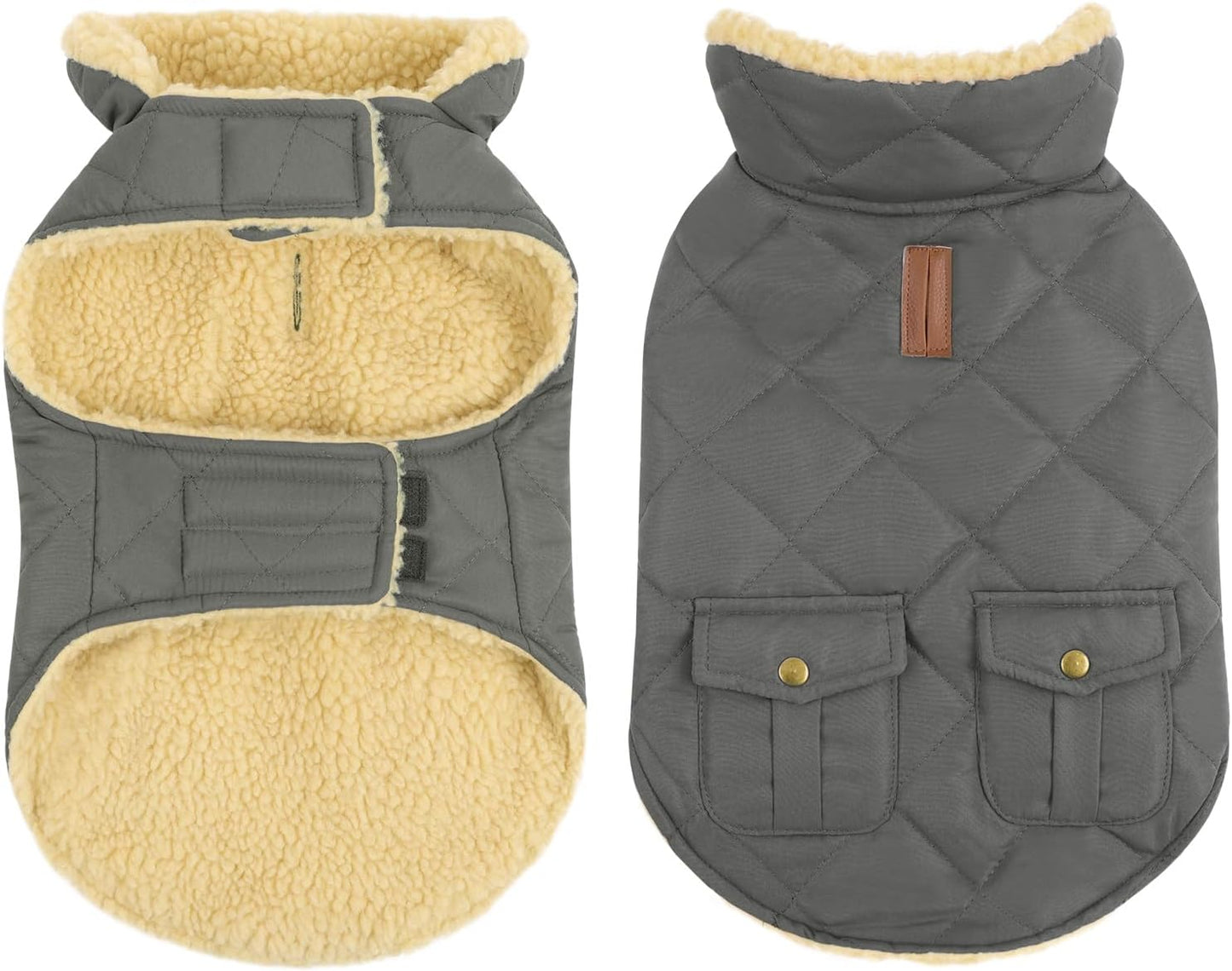 Queenmore Dog Winter Coat - Fleece Jacket, Waterproof Cold Weather Clothes, Thick Warm Cotton Padding, Easy On Storage Pockets (Grey, Large)