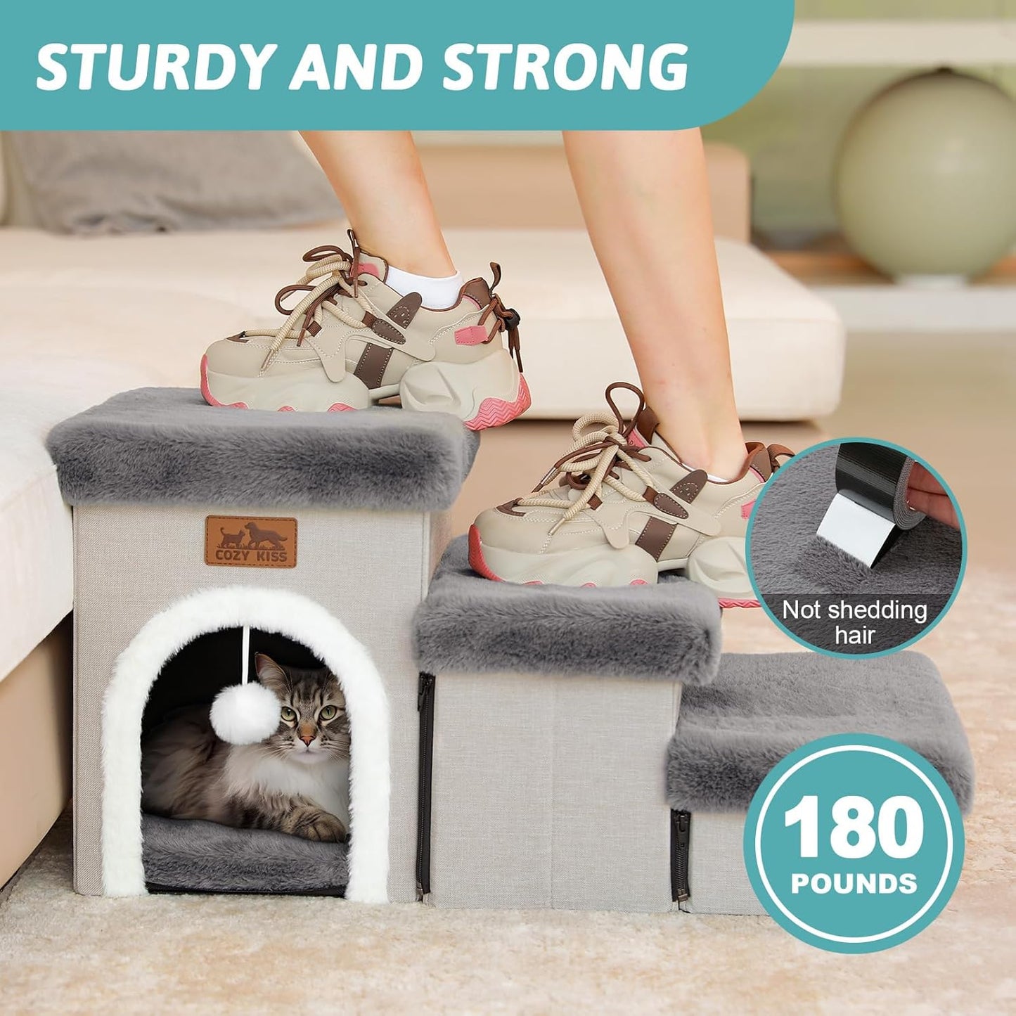 Dog Stairs for Small Dogs with Storage and Condo, 14" H Foldable Pet Stairs for Small Medium or Puppy Dogs and Older Cats, Dog Steps for Bed or Couch, 13x27x14 inch, 3 Tiers, Grey