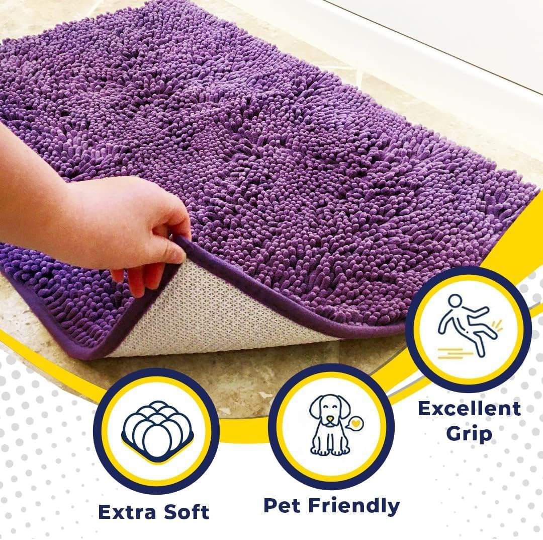 Muddy Mat® AS-SEEN-ON-TV Highly Absorbent Microfiber Door Mat and Pet Rug, Non Slip Thick Washable Area and Bath Mat Soft Chenille for Kitchen Bathroom Bedroom Indoor and Outdoor - Purple 24" x 72"