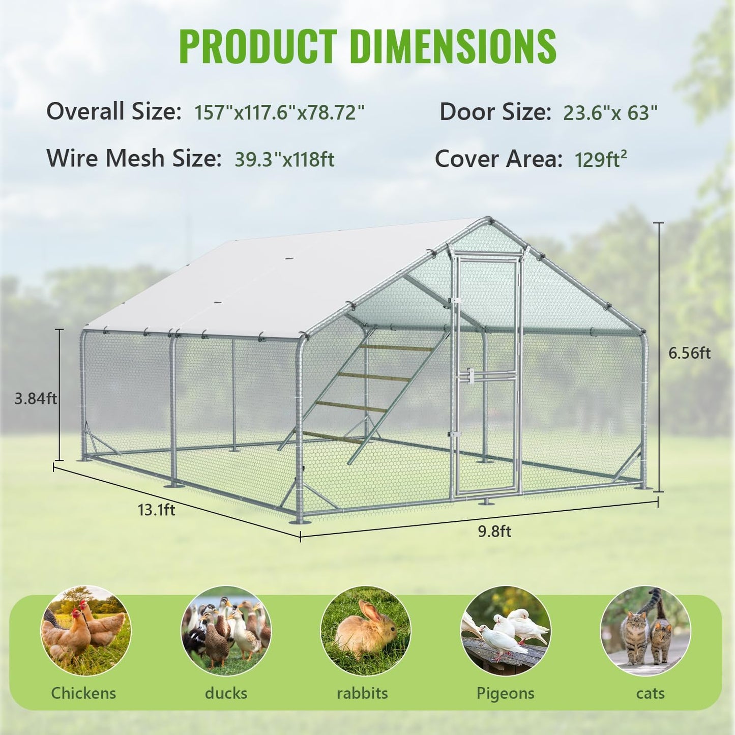 Large Metal Chicken Coop, 10x13x6.5FT Chicken Runs for Yard with Cover
