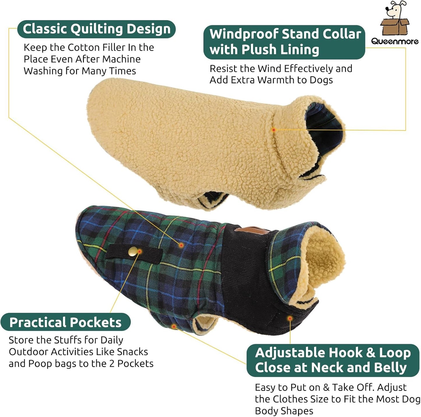 Queenmore Dog Winter Coat Warm Dog Jacket for Cold Weather, Quilting Puffer Plaid Coats for Small/Medium Dogs Waterproof,Girl/Boy Pet Christmas Coat,Pet Snowsuit with Leash Hole/Fleece Padding, XS