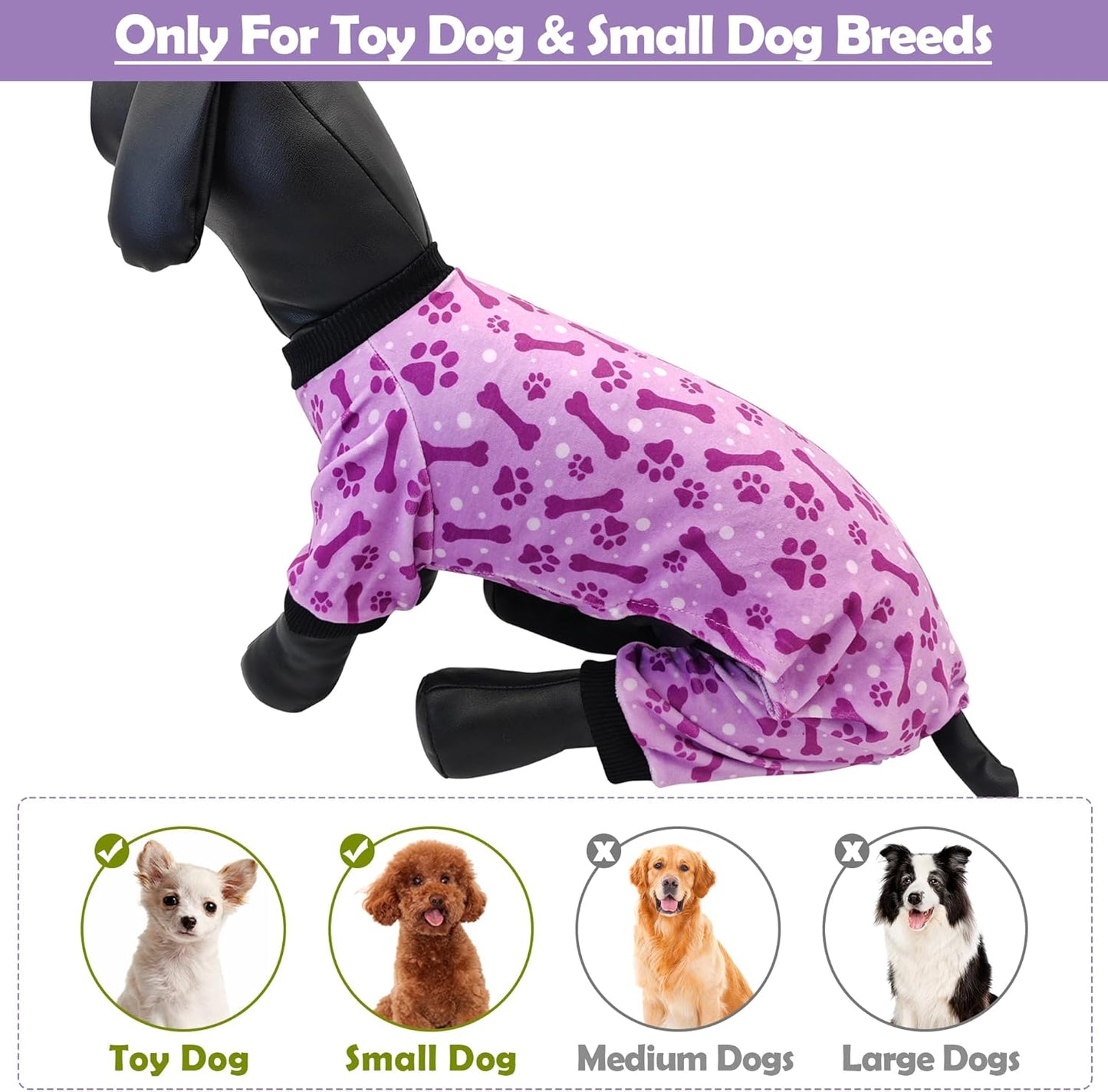 PET SHOW 4 Pack Small Dog Pajamas Paw Bone Patterns Cute Clothes for Medium Dogs Soft Fleece Stretchy PJs 4 Legged Jumpsuit Puppy Cats Onesies Outfits with Sleeve Dachshund Doggies Girl Boy (Medium)