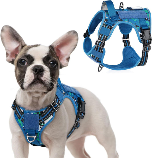 rabbitgoo Tactical Dog Harness for Small Dogs, No Pull Military Service Vest with Handle & Molle, Easy Control for Training Walking, Adjustable Reflective Straps, Blue Camo, S