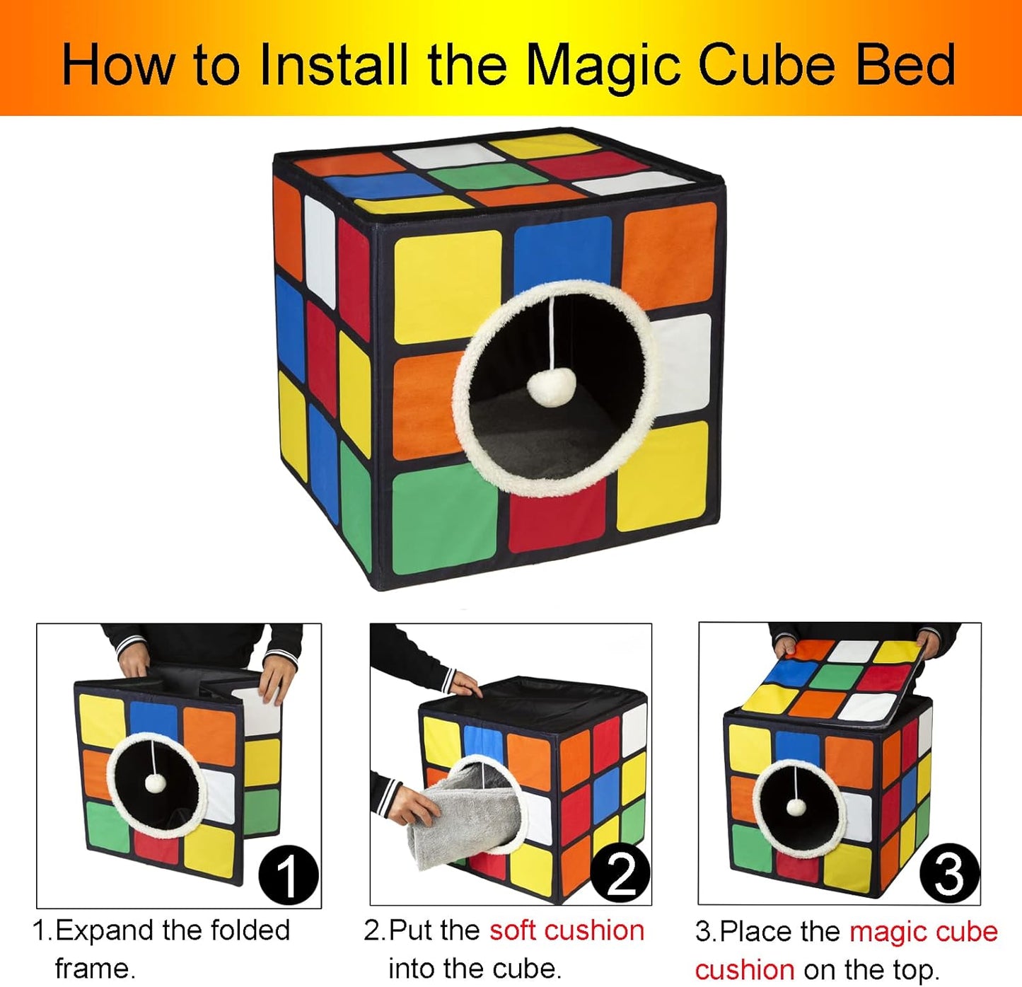 LUCKITTY Cat Condo House with Reversible Cushions and Fluffy Ball Hanging, Foldable Magic Cube, Large Cave Bed for Indoor Cats, Unique Puzzle Shape 15.7“ x 15.7" x 13.4”