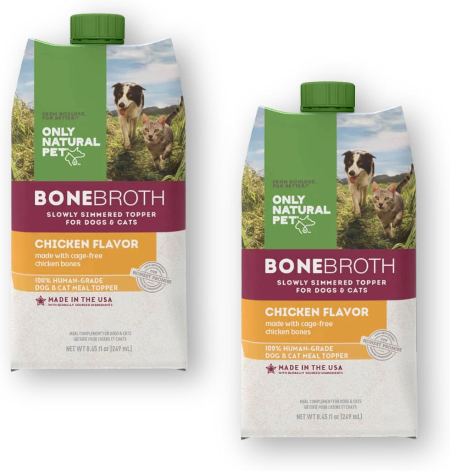 Only Natural Pet Bone Broth Chicken Flavor Dog & Cat Meal Topper, 100% Human-Grade Slow-Simmered, Free-Range for Dry Food or to Hydrate Dehydrated Food - (2-Pack / 11.16 oz Each)