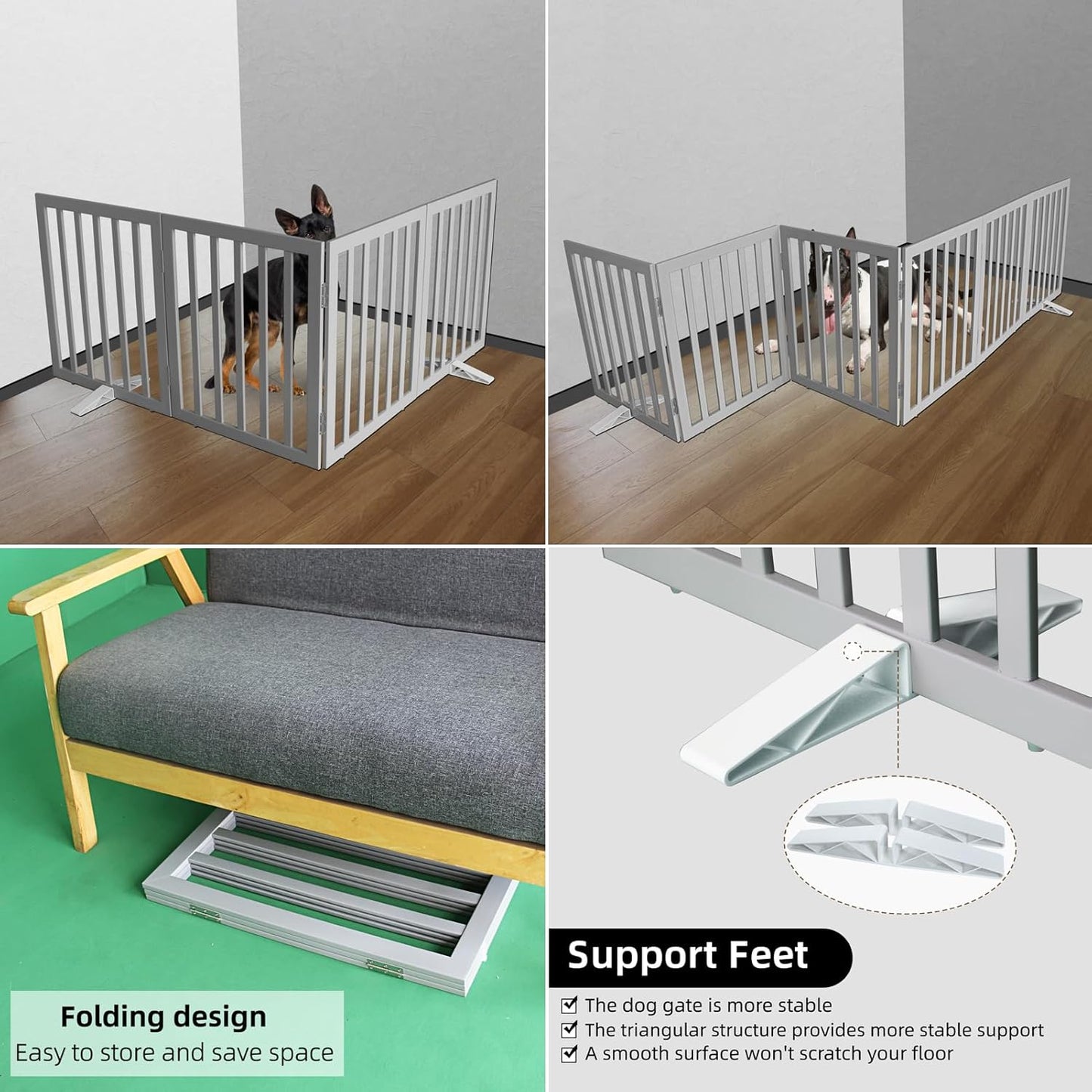 ZJSF Freestanding Indoor Dog Gate for House Foldable Wood Puppy Gate for Doorways Pet Gate for Stairs Extra Wide Pet Fence, Grey, 32" Height 4 Panels