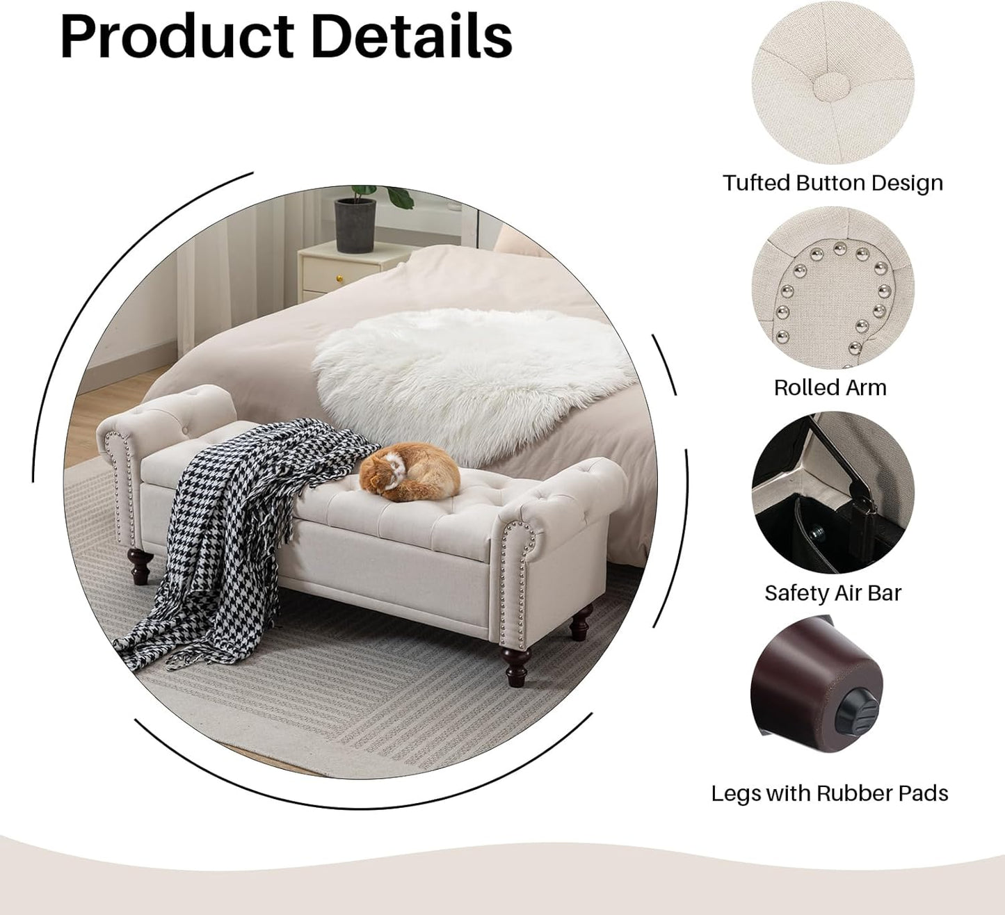 58.1'' Storage Bench Upholstered Linen End of Bedroom Bed Bench Ottoman with Tufted Cushioned Rolled Arm Large Storage Space for Reading Living Room Entryway, Beige