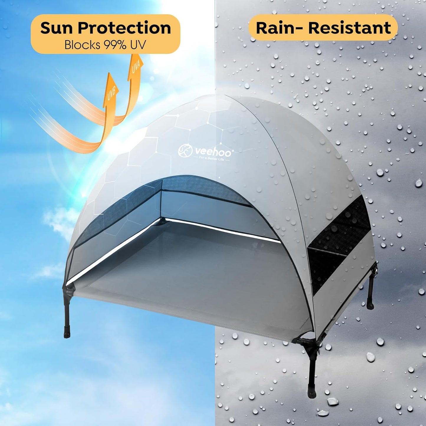 Veehoo Outdoor Dog Bed with Canopy, Cooling Elevated Pet Cot with Removable Shade, Non-Slip Feet, Raised Dog Cot for Large Dogs, Pet Tent Bed for Camping, Beach, Large, Grey, CWC2411