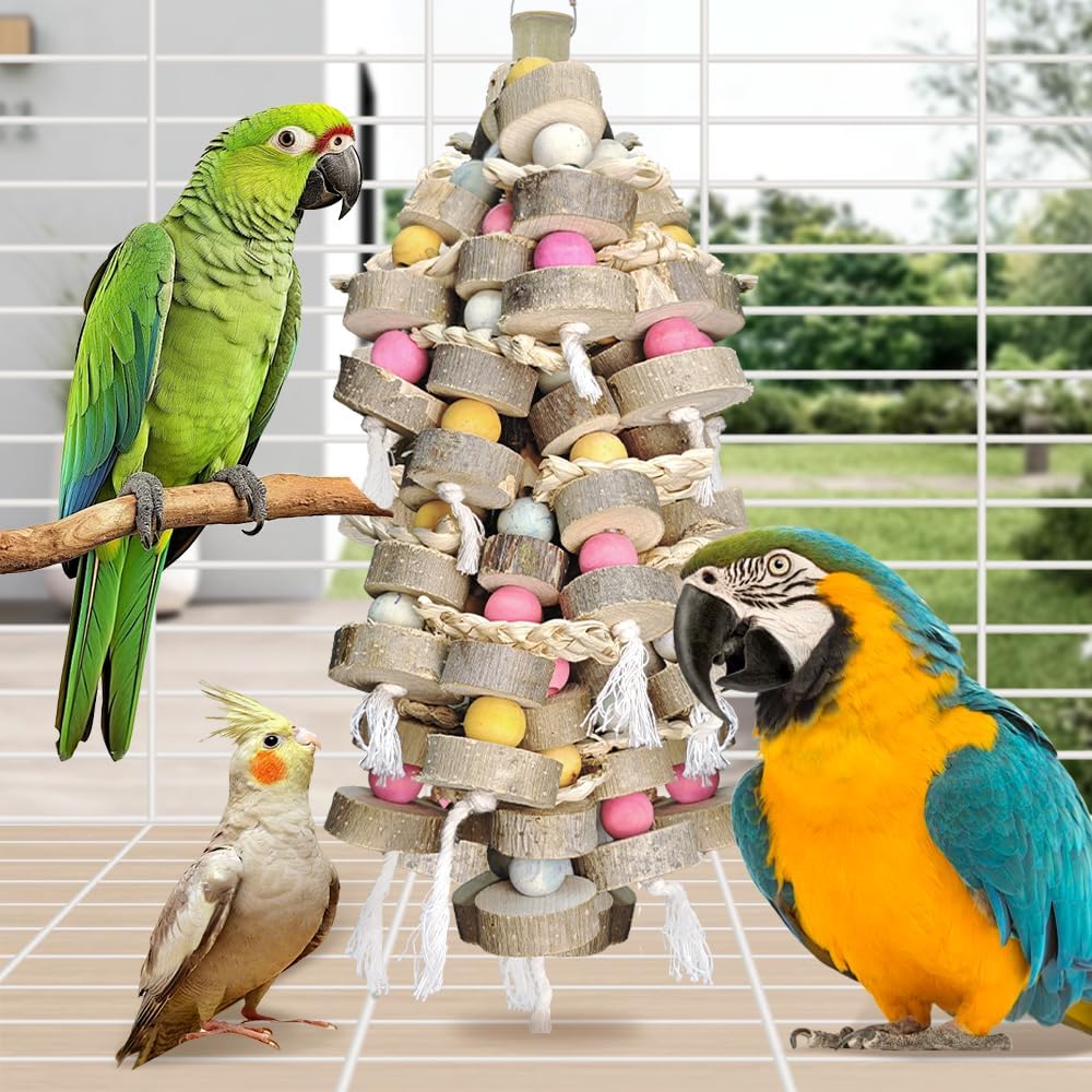 Bird Toys for Large Parrots Toys Natural Colored Wooden Bird Cages Chew Accessories for Macaws, Cockatoos, African Grey, and Amazon Parrots,