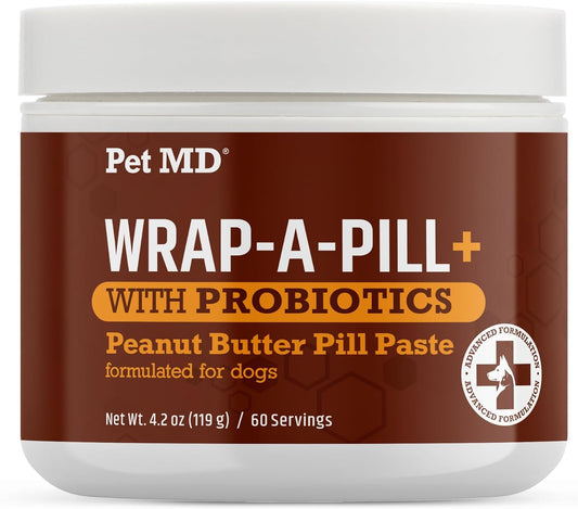 Pet MD Wrap-A-Pill with Dog Probiotics - Pill Wrap for Dogs Medicine - Easy-to-Use Paste to Hide Capsules, Create Pockets and Treats for Dogs - Peanut Butter (4.2oz)