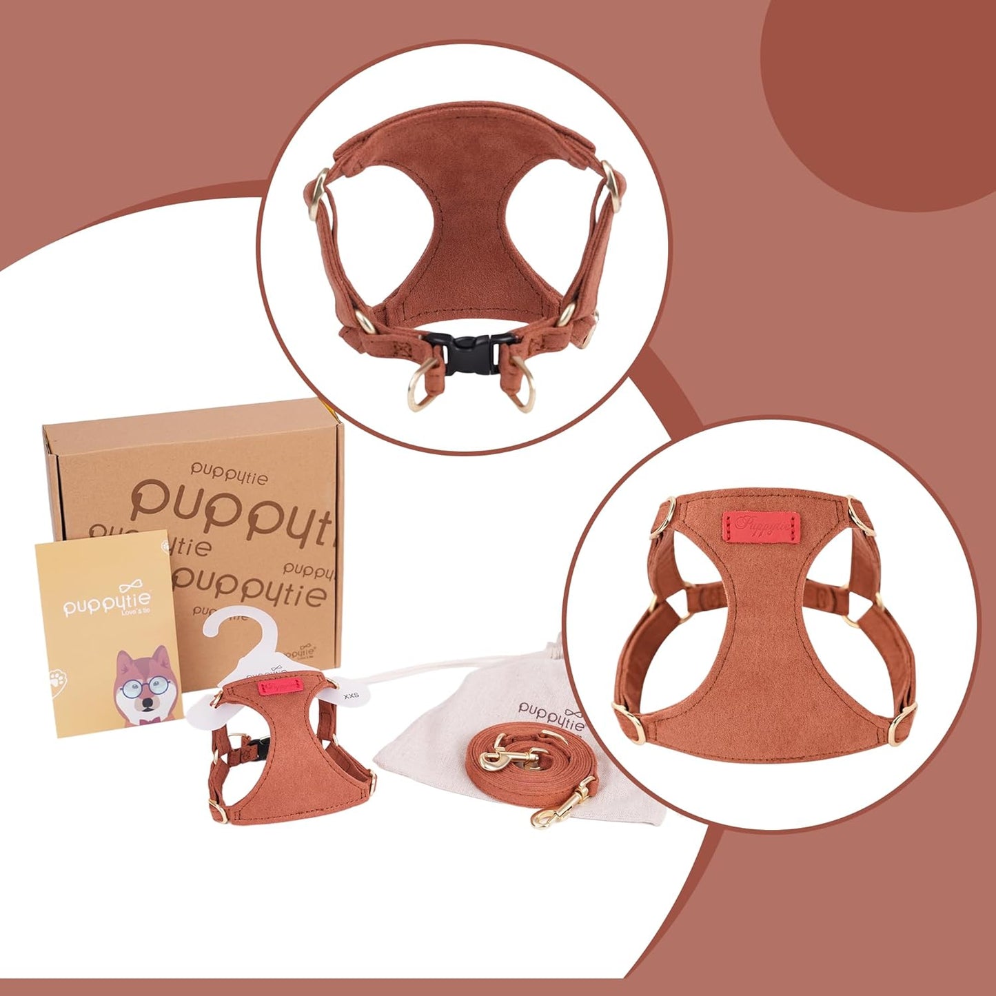 Puppytie No Pull XXS Puppy Harness with Multifunction Dog Leash,Soft Adjustable No Choke Escape Proof Pet Harness Vest,Brown Caramel,XXS