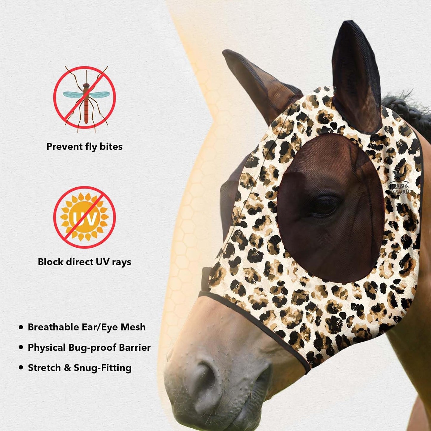 Harrison Howard Super Comfort Stretchy Fly Mask Large Eye Space with UV Protection Soft on Skin with Breathability Leopard Print Full Size