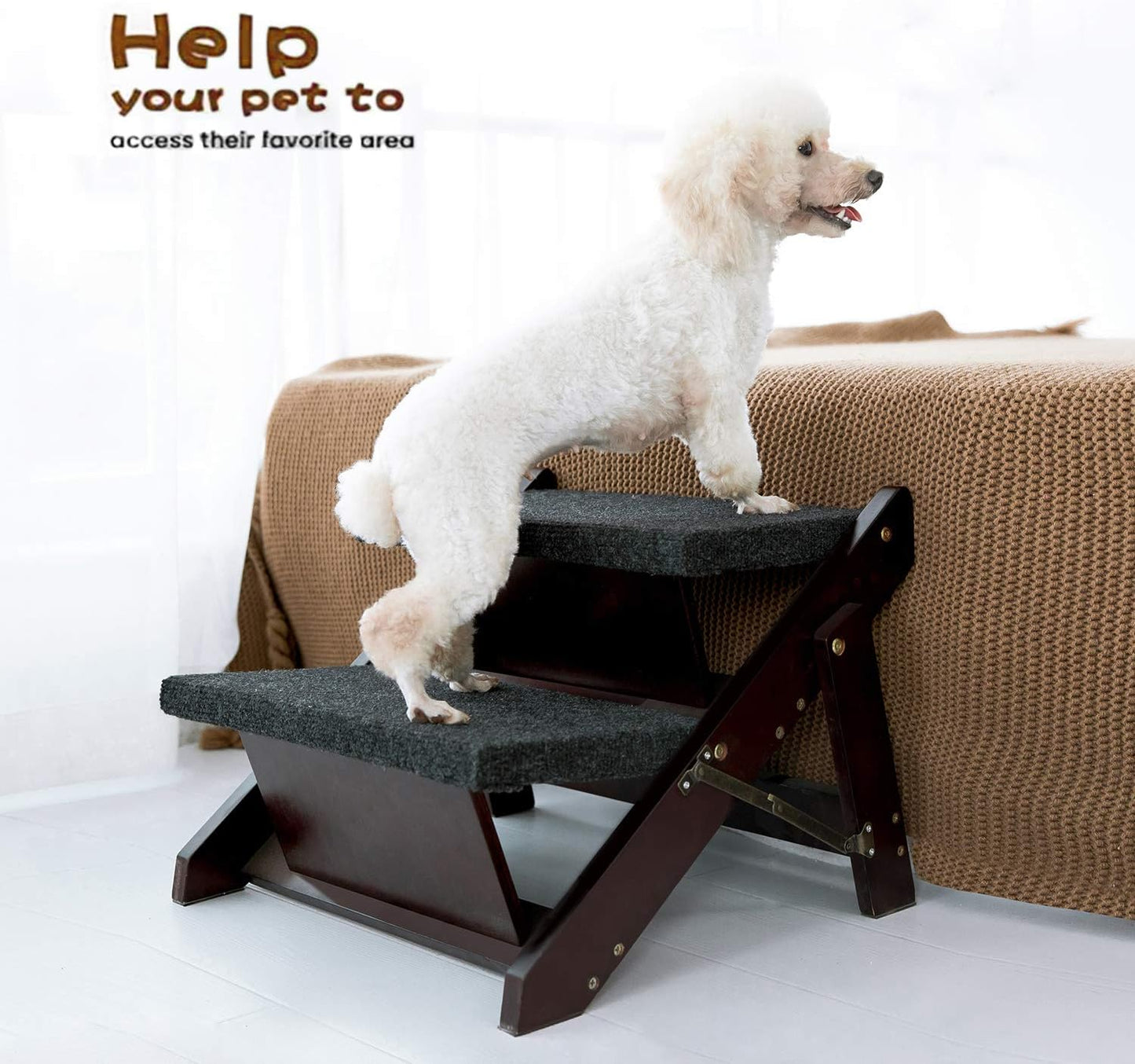 MEWANG Wooden Pet Stairs/Pet Steps - 2-in-1 Foldable Stairs & Ramp for Beds and Cars - Portable Dog/Cat Ladder Up to 110 Pounds