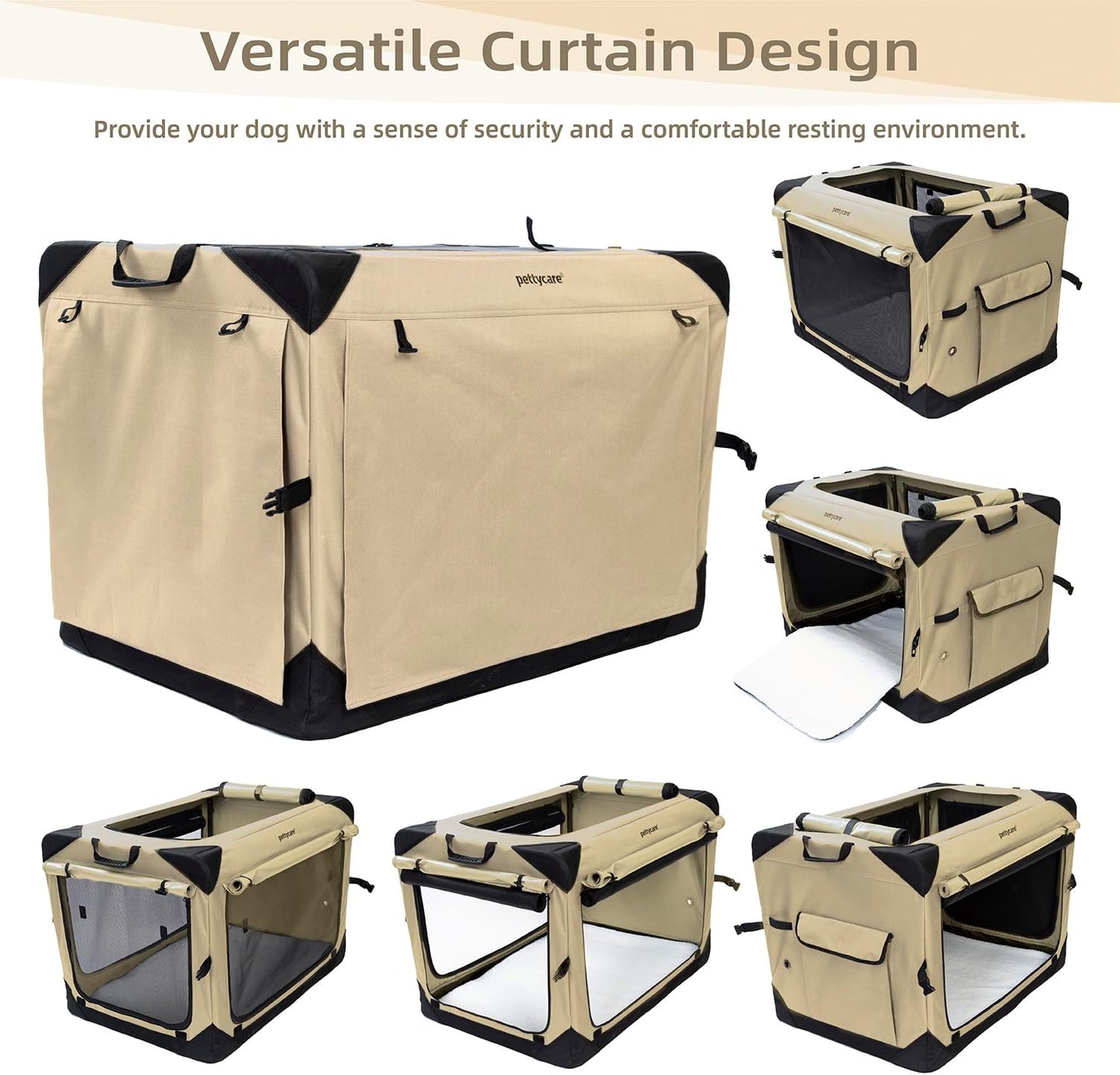 Pettycare 26 Inch Collapsible Dog Crate with Curtains Travel Dog Crate for Airflow and Calm Soft Pet Kennel with Portable Bag and More Chew Proof Mesh Indoor & Outdoor Beige 4 Door Curtains