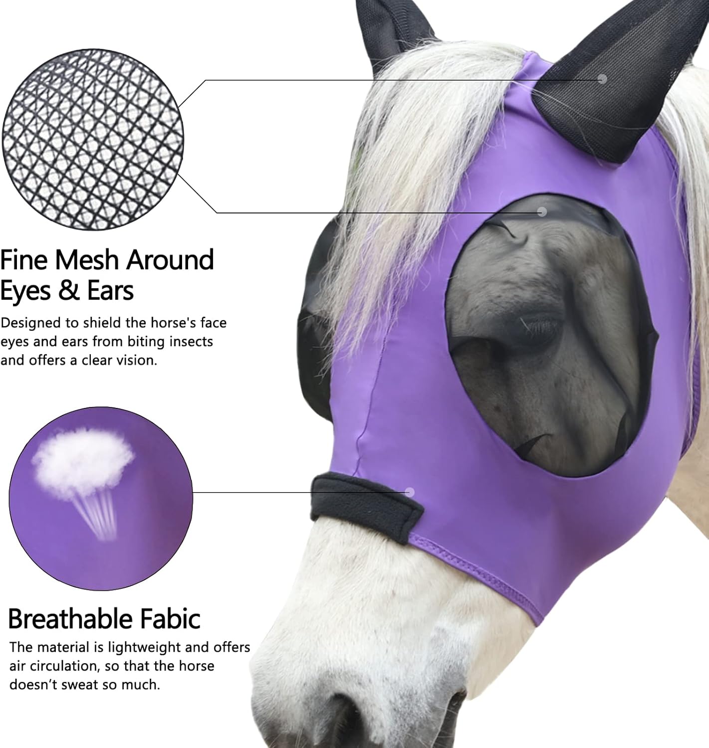 Horse Fly Mask with Ears - Large Eye Space for Full Vision, Breathable Stretch Comfort Fit, UV Protection, Forelock Opening, Easy Pull-On Violet Pony