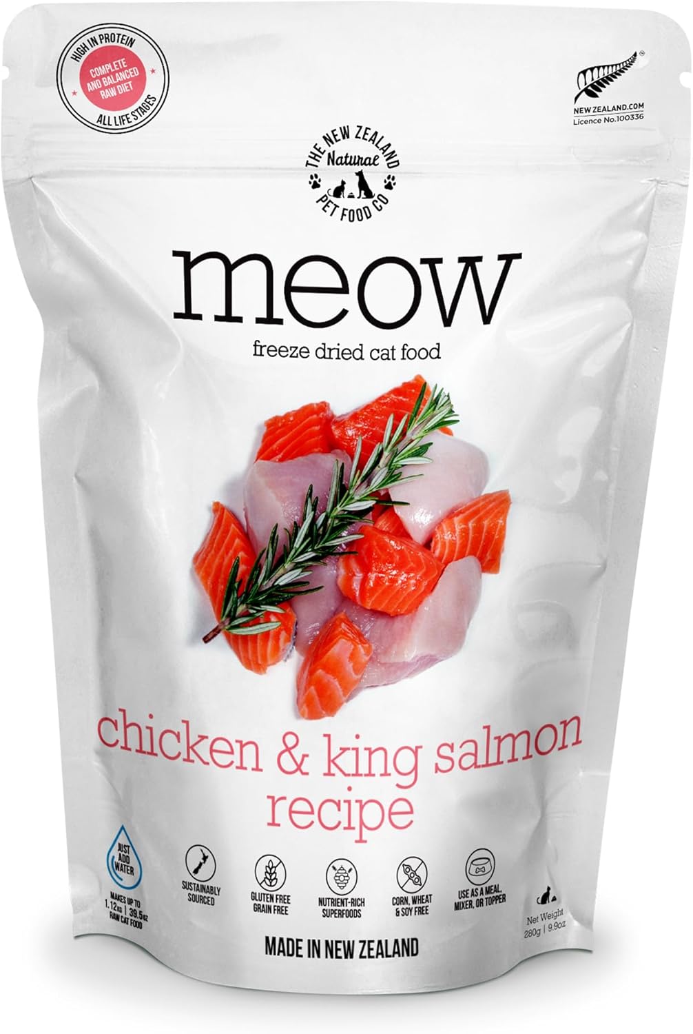 Meow Chicken & King Salmon Freeze Dried Raw Cat Food, Mixer, or Topper, or Treat - High Protein, Natural, Limited Ingredient Recipe 9.9 oz
