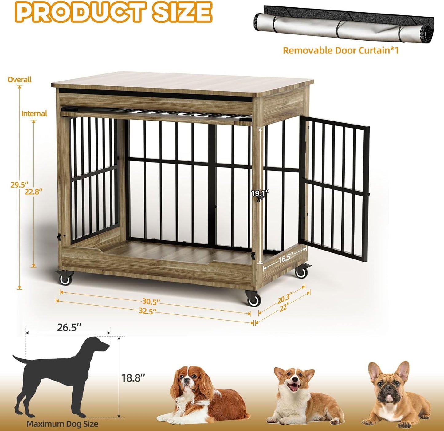 32" Dog Crate Furniture, Double Door Wooden Indoor Dog Kennel Furniture, Decorative Pet Cage End Table with Wheels for Medium and Small Breed Dogs, Size M, Rustic Brown