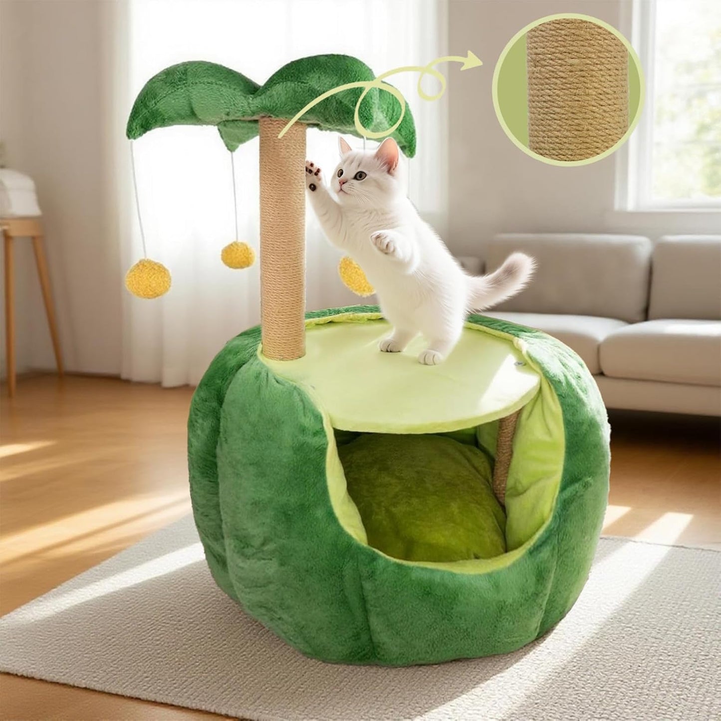 Cat Houses for Indoor Cats, Small Cat Tree with Sisal Ropes and Plush Perch, Cute Cat Bed Cave with Soft Pillow, Coconut Palm Design