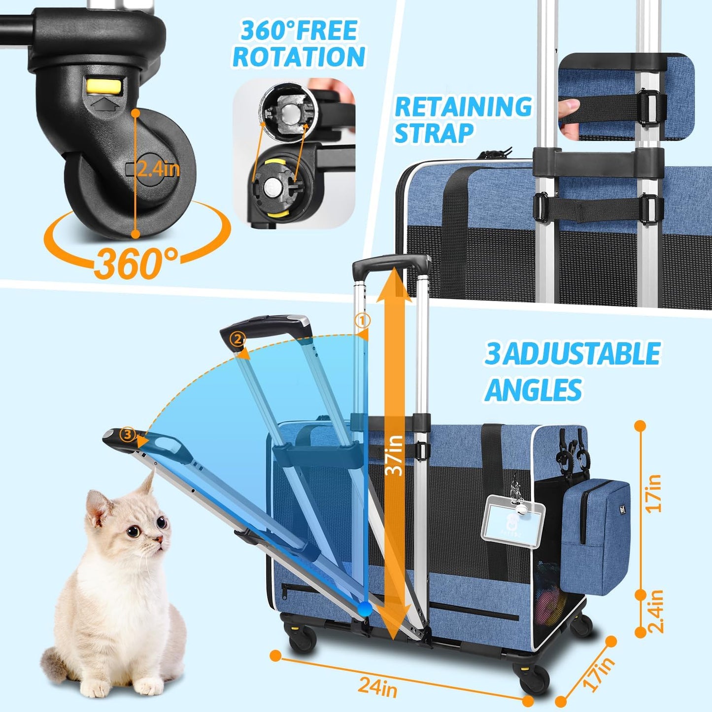 Petskd Extra Large Cat Carrier with Wheels and Litter Box 24"x17"x17" for Large Cat or 2 Small Cats, Collapsible Soft Sided Pet Carrier for Car Travel with Lockable Safety Zippers(Blue)