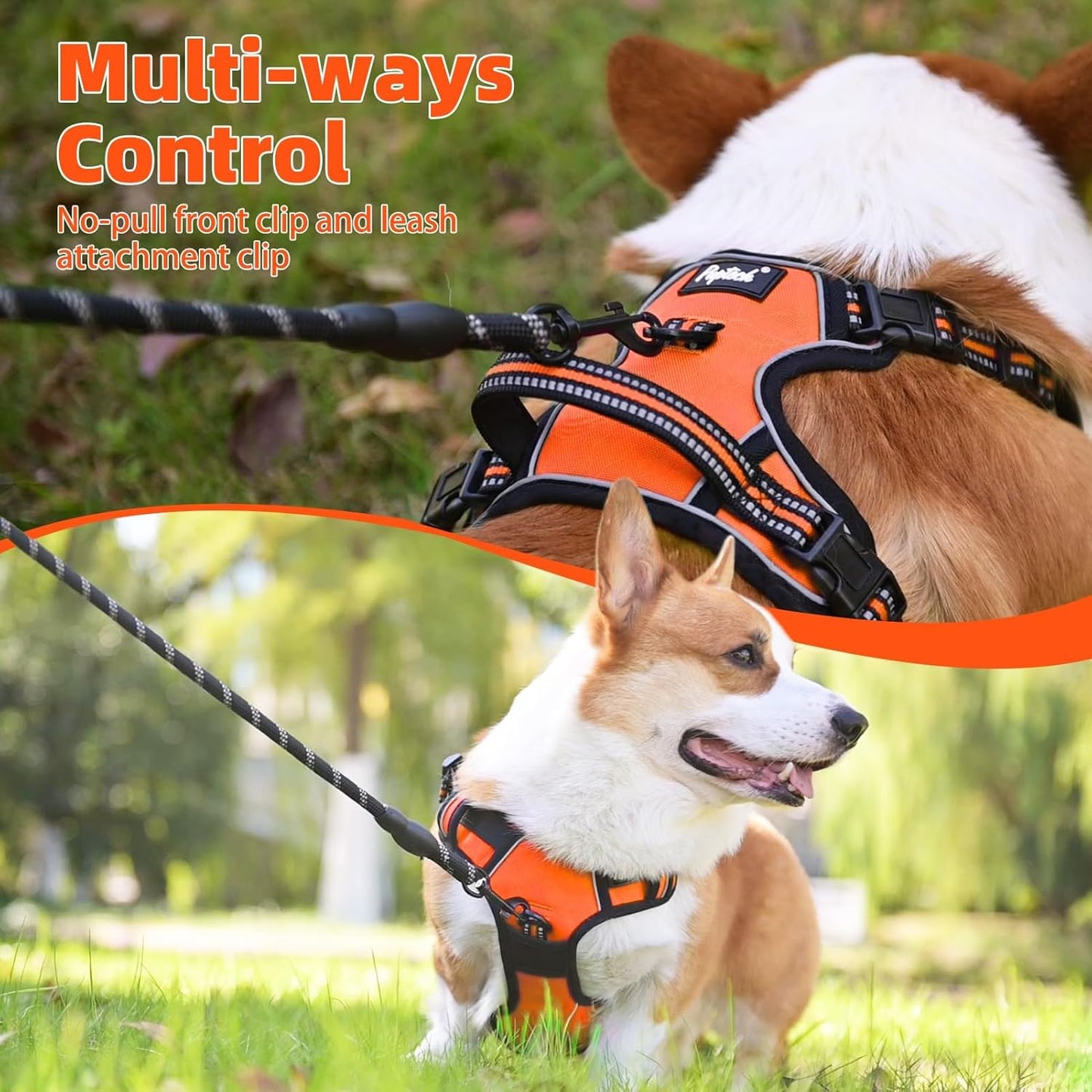 PUPTECK No Pull Dog Harness Medium Sized, Adjustable Reflective Dog Harness with Handle Easy Control, Comfortable Soft Padded Pet Vest Harness for Medium Dogs, Orange M