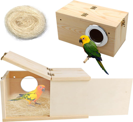 PINVNBY Wooden Bird Nesting Box with Transparent Visual Window,Parakeet Nest Breeding Box with Detachable Board Acrylic Cockatiel House for Budgie Lovebird Conure Parrot (L)