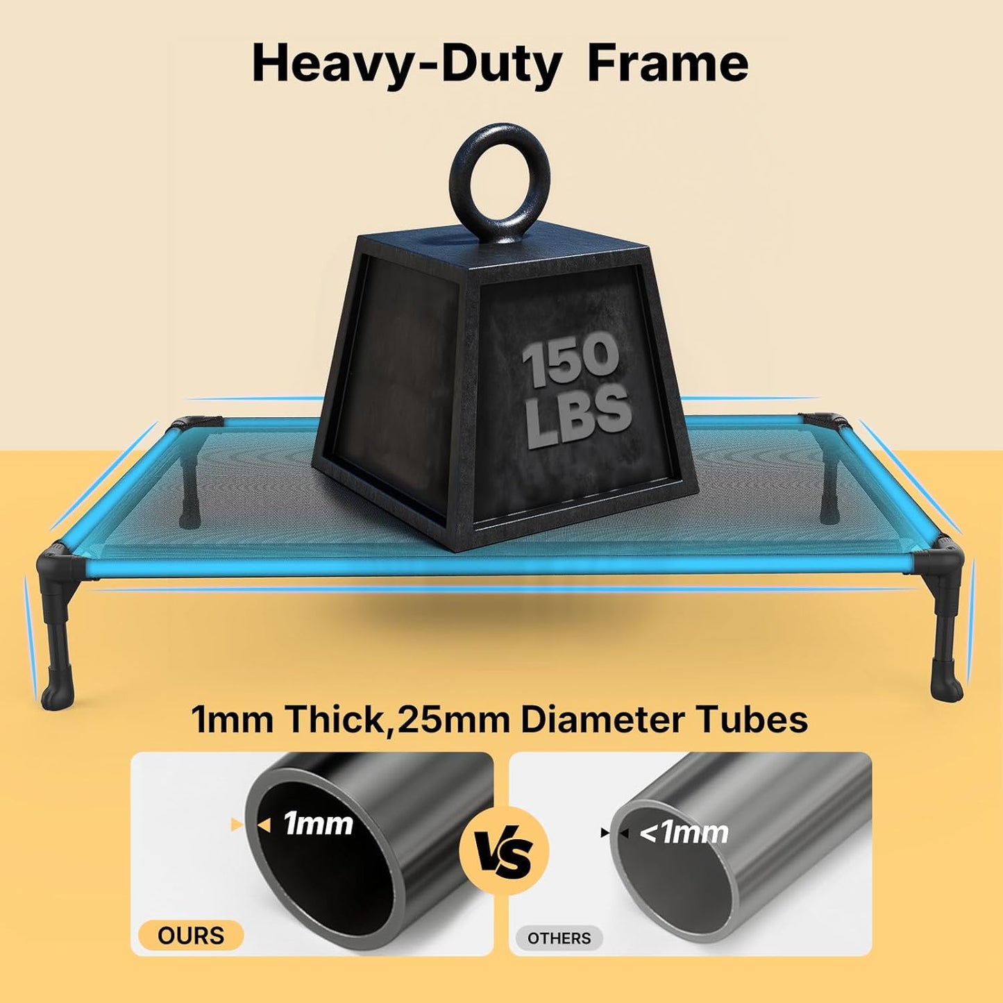 Veehoo Outdoor Elevated Dog Cot Bed-Cooling Raised Pet Bed for XX-Large Dog, Washable Breathable Mesh Hammock Bed with No-Slip Feet,Indestructible Ground Off Training Platform Cot-59x37.5 Beige Coffee