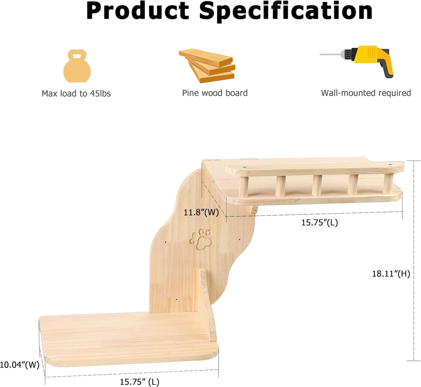Cat Wall Perches, 2-Levels Corner Shelves Wall-Mounted Platform with Scrathing Mat, Wood Furniture for Indoor Cats Climb,Play and Nap (Right)