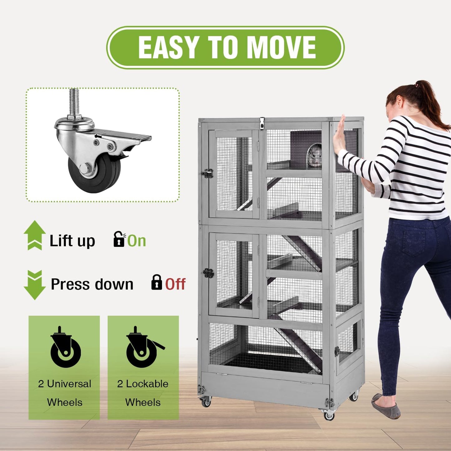 Large Ferret Cage, Chinchilla Cage with 5 Levels, Wooden Guinea Pig Cages with Wheels, Small Animal Cages with Ramp, Hideout, Pull Out Tray, for Rat, Hamster, Hedgehog