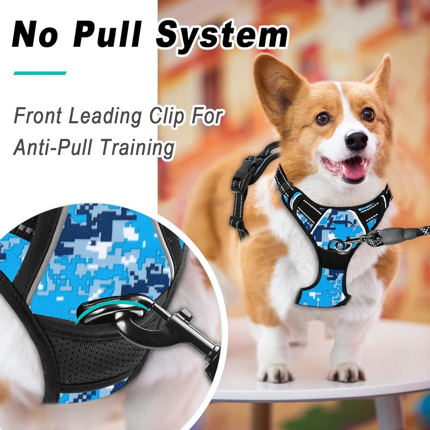 BARKBAY No Pull Dog Harness Large Step in Reflective Dog Harness with Front Clip and Easy Control Handle for Walking Training Running(Blue camo,S)