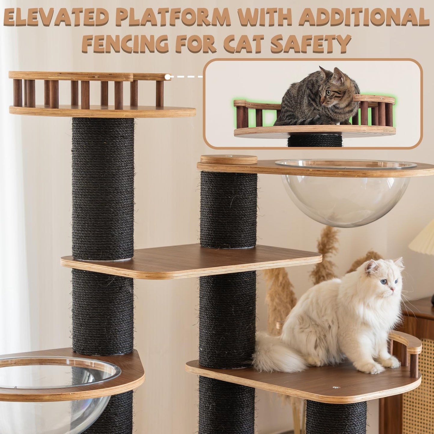 70.8'' Tall Luxury Cat Tree,All i,ne One Black Walnut Wood Modern Cat Tower for Indoor Large,Huge Multi-Level Cat Furniture with Scratching Posts,Condo,Cushion,Clear Bowl,Platform for Home Decoration