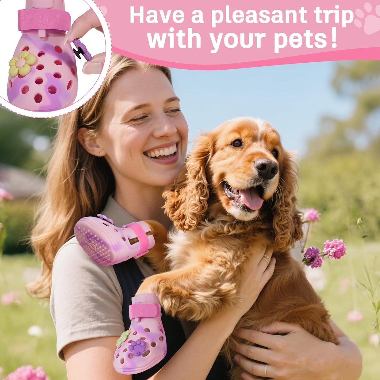 Dog Shoes for Hot Pavement, Adjustable Magic Tape Boots for Small, Medium & Large Dogs, Anti-Slip, Easy to Clean Paw Protectors for Beach, Outdoor & Hot Weather (Pink S)