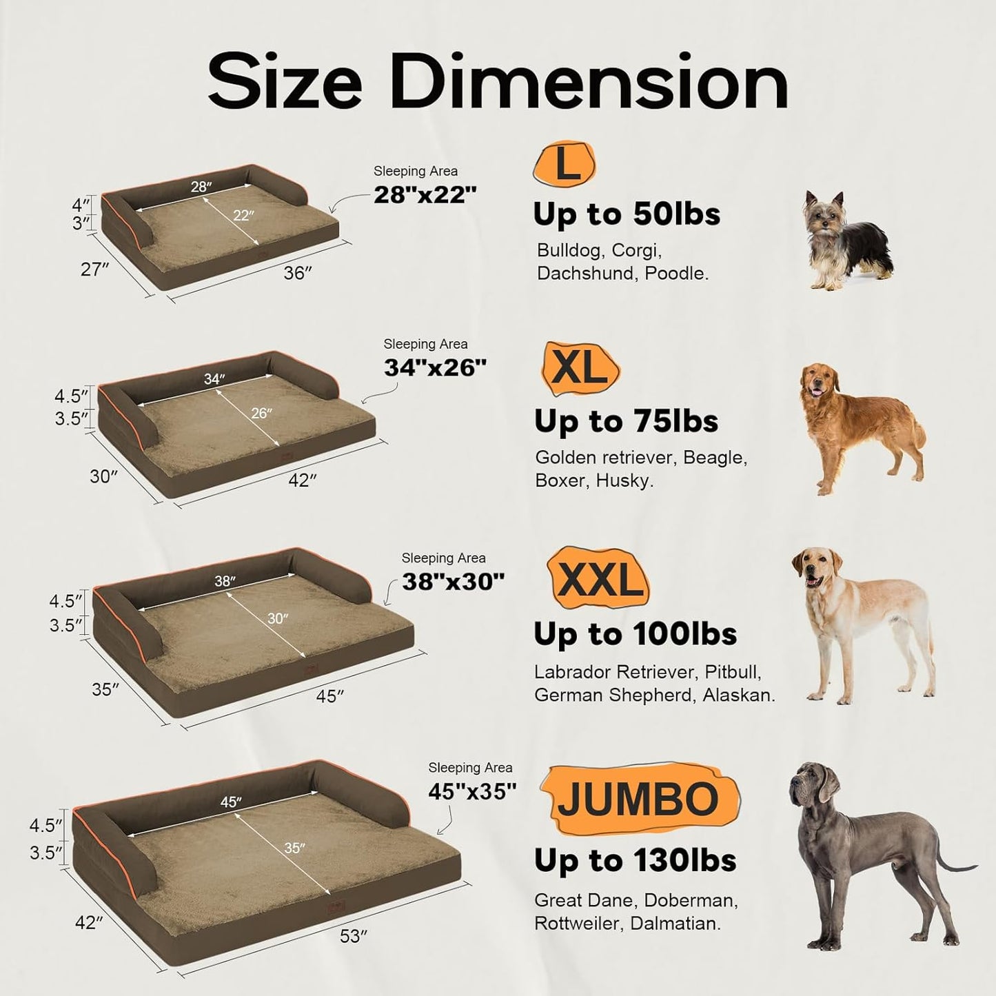 Large Dog Bed Orthopedic Washable: Extra Brown Large Big Dog Bed with Removable Bolster & Memory Foam Couch Sofa - Waterproof Washable with Cover