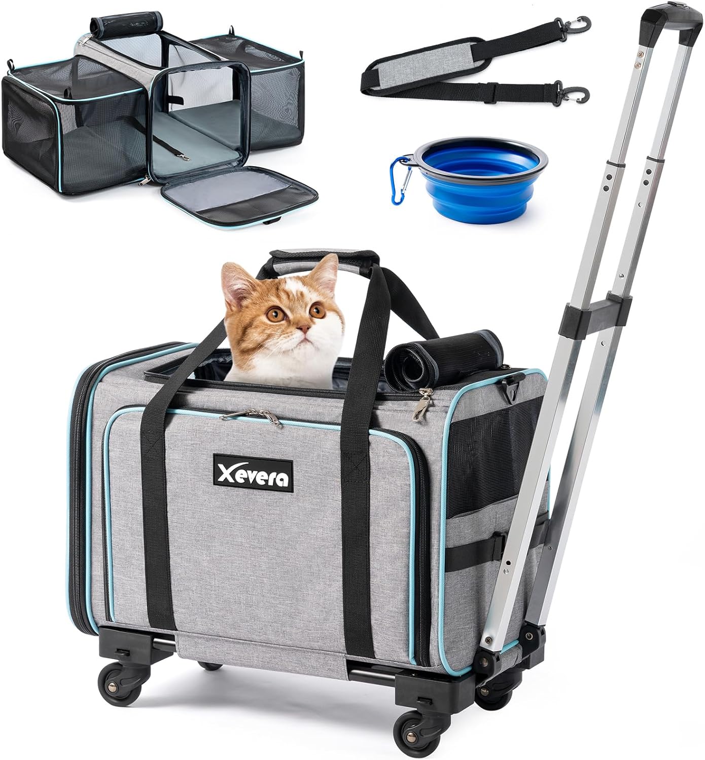 Cat Dog Carrier with Wheels, Expandable Rolling Soft-Sided Carrier for Small Cats and Dogs Under 25 LBS, Pet Carrier on Wheels with Locking Safety Zippers and Anti-Scratch Mesh (Grey)